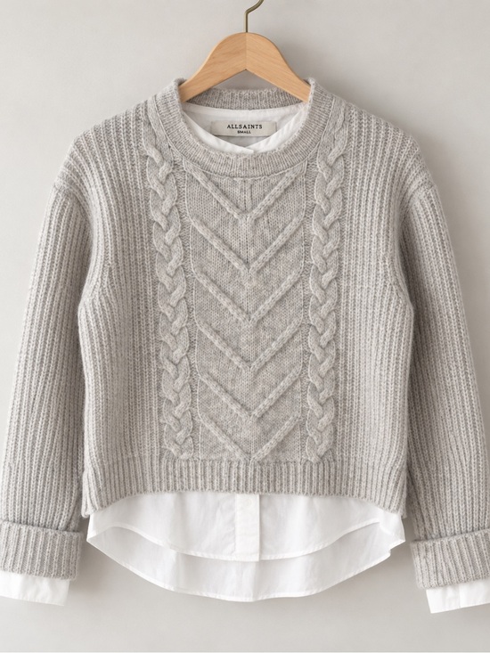 All Saints Sweaters - AllSaints Light Gray Cable-Knit Crew Sweater